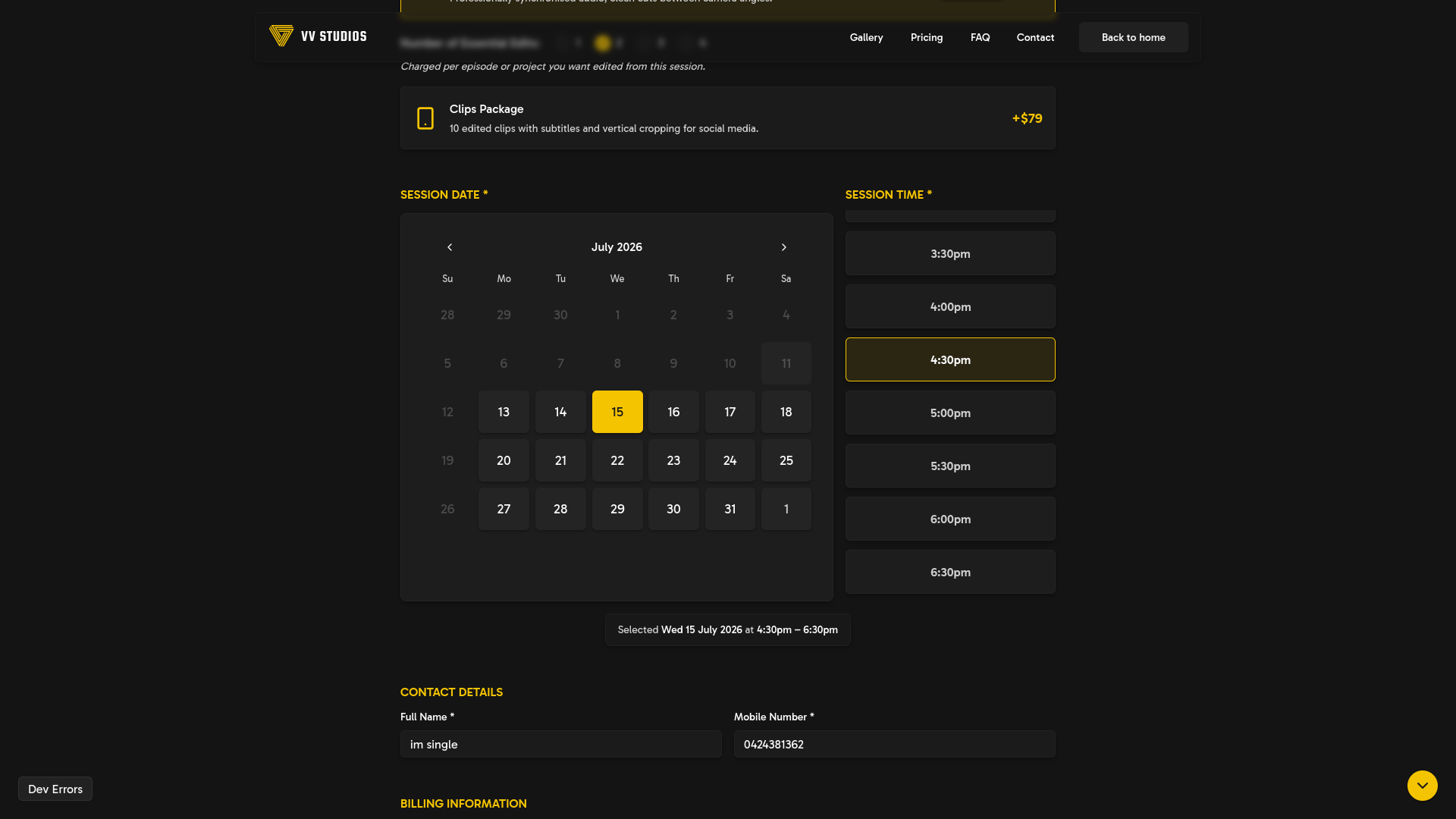 VV Studios booking form with calendar and time selection