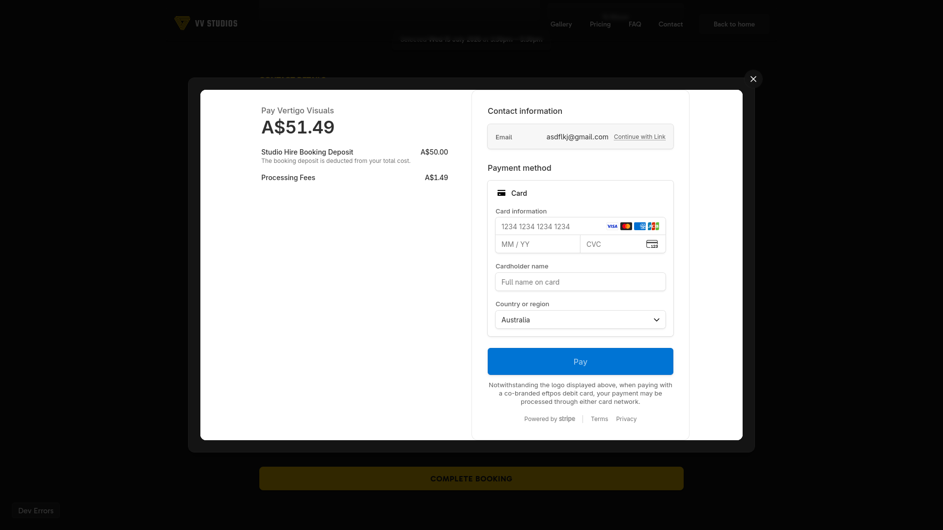 Stripe checkout for a VV Studios booking deposit