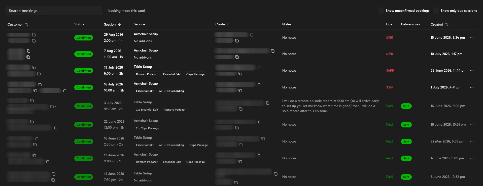 VV Studios internal admin dashboard showing bookings