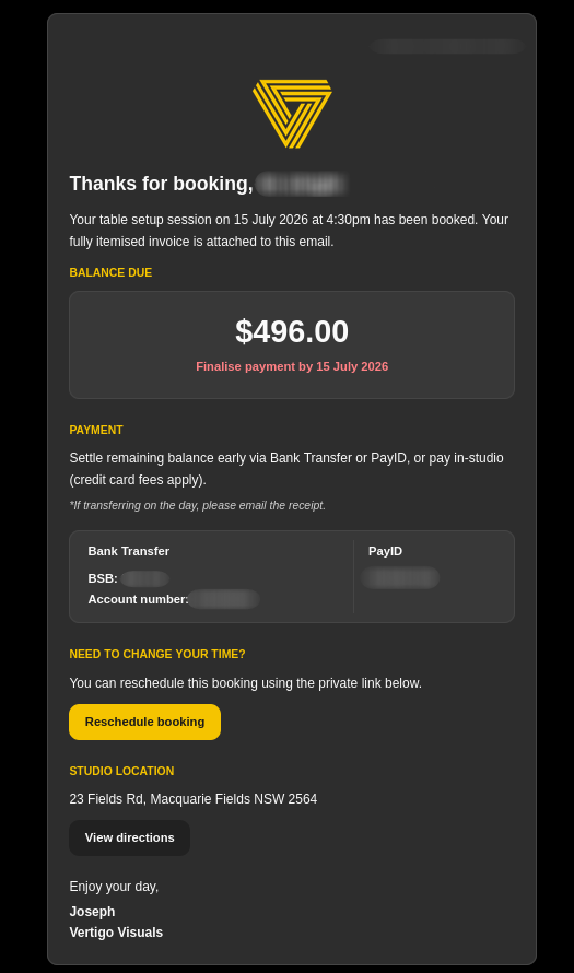 VV Studios booking confirmation and invoice email