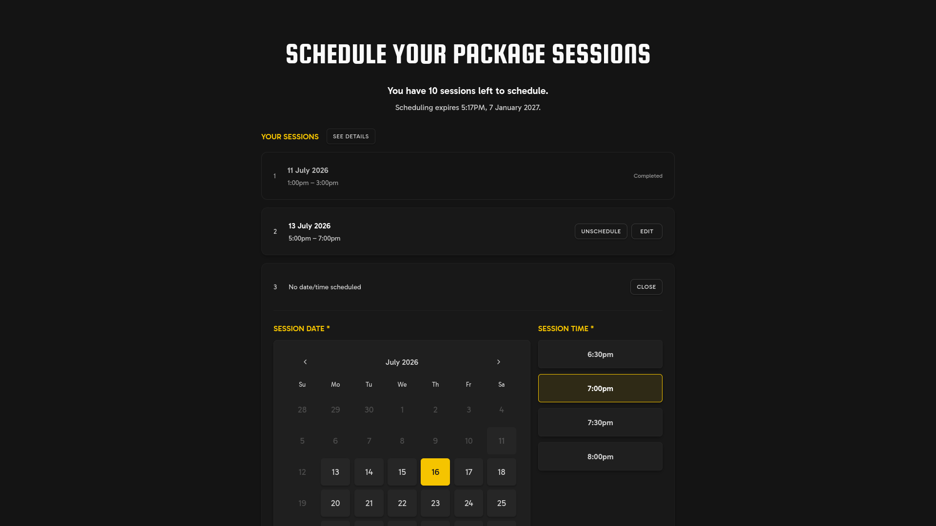 VV Studios page for scheduling package sessions