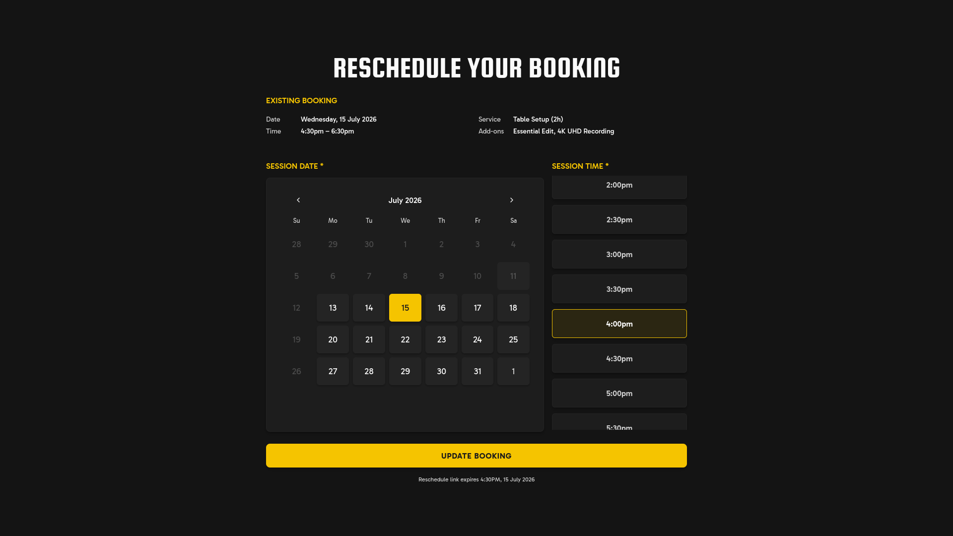 VV Studios page for rescheduling a booking
