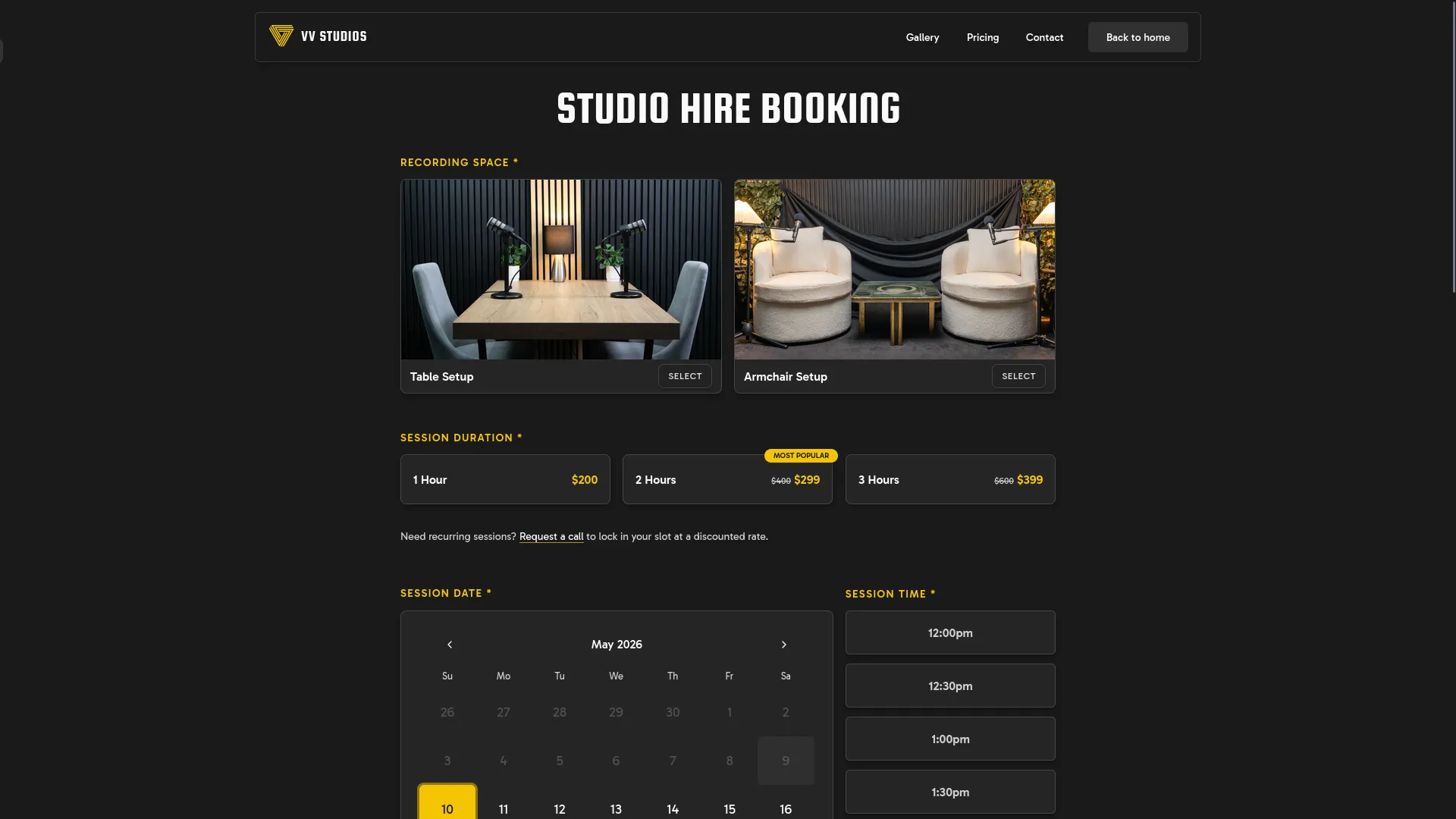 VV Studios website booking form