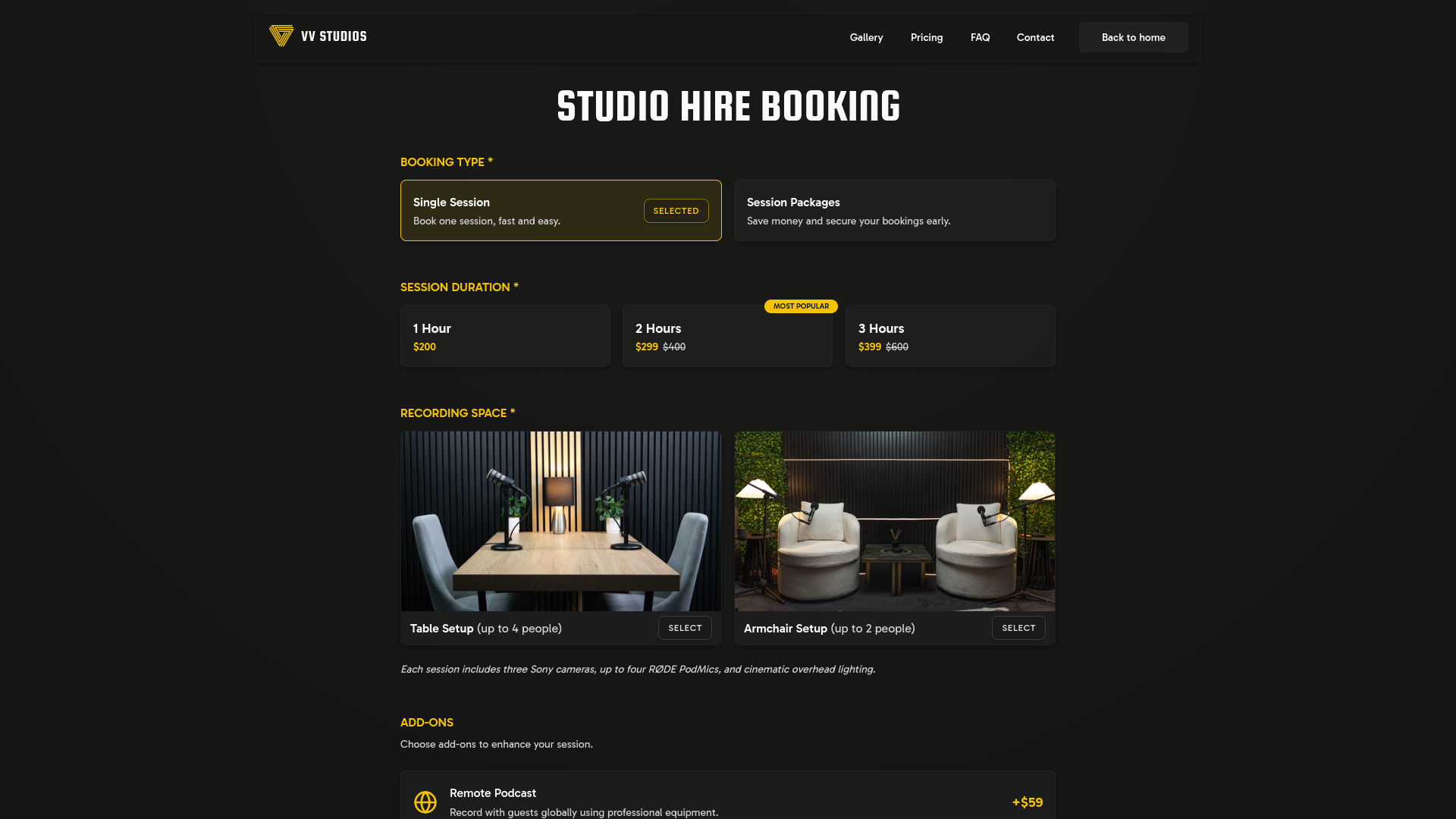 VV Studios studio hire booking form