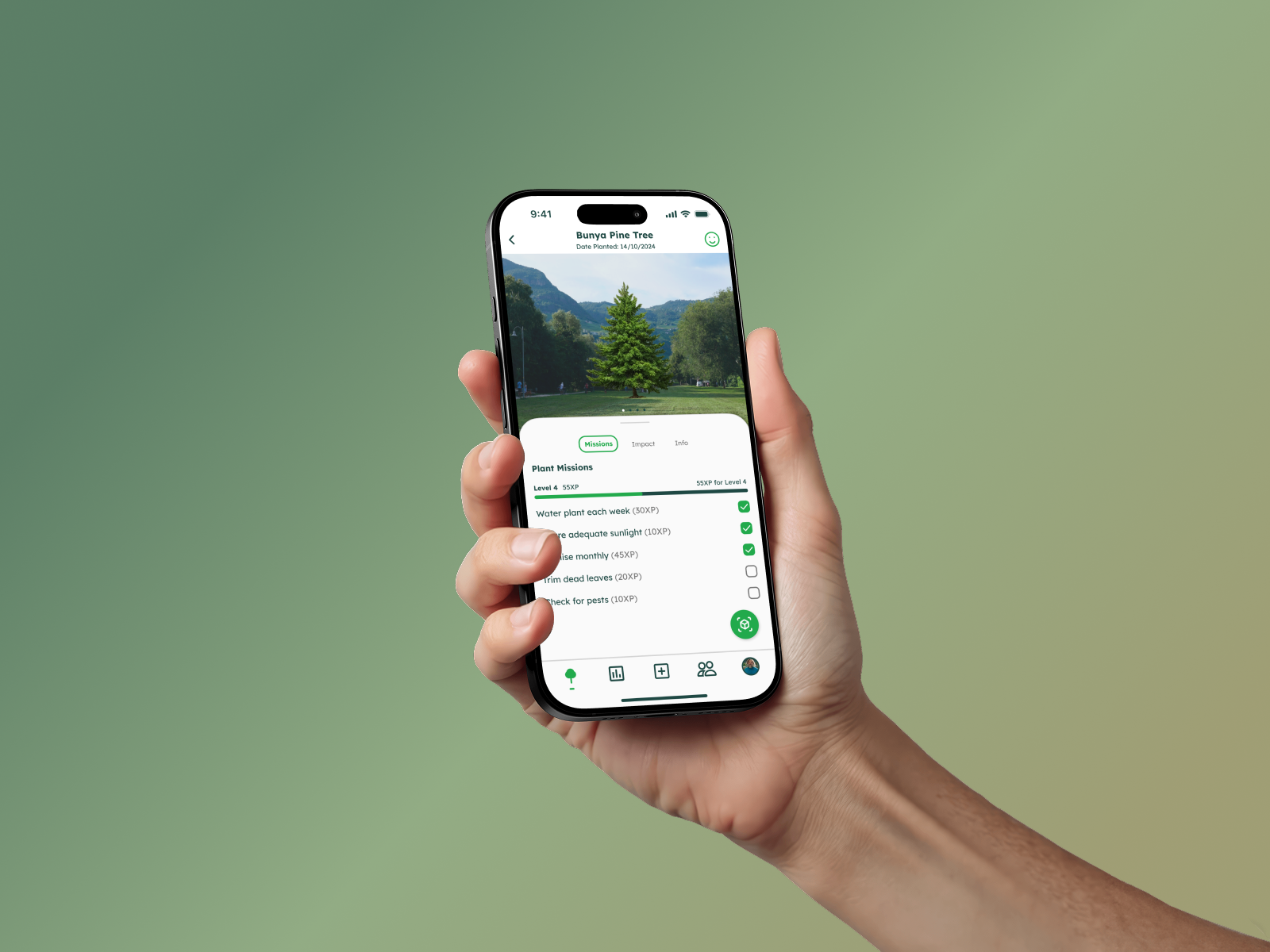 Sprout gamified tree care mission screen